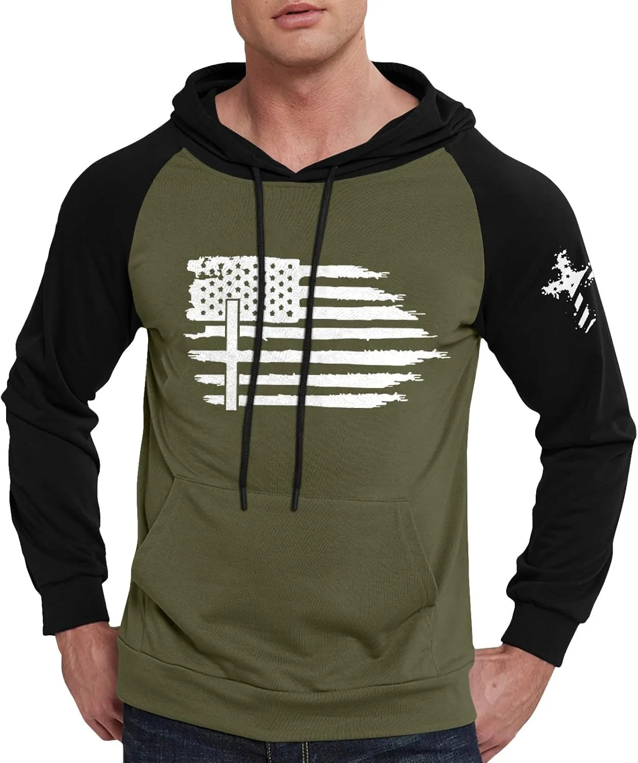 Mens Fashion Hoodies For Flag Print Drawstring Causal With Pockets Long Sleeve Hooded Sweatshirts