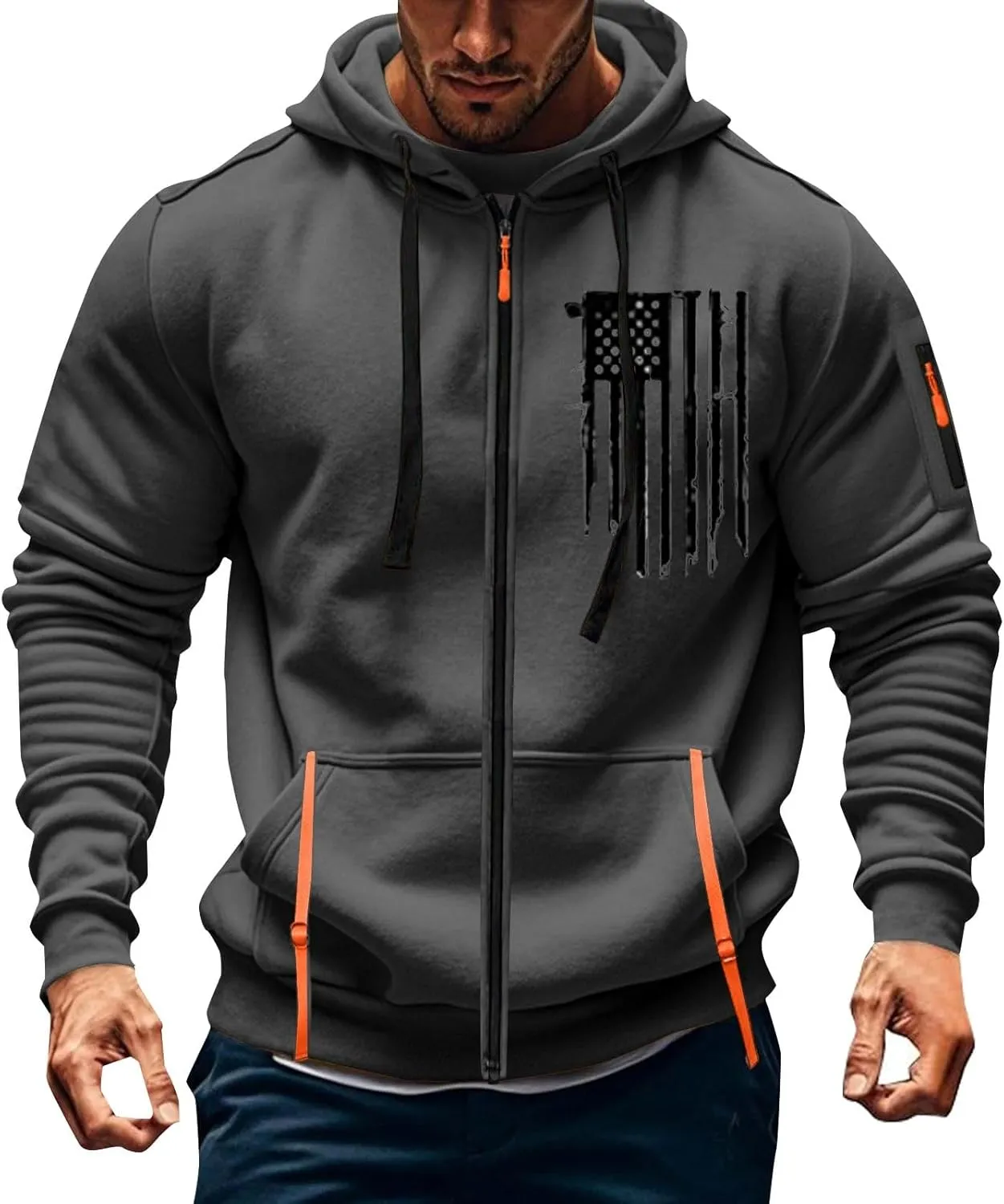 Mens Full Zip American Flag Print Hoodie Casual Long Sleeve Drawstring Shirt Comfy Patriotic Sweatshirts with Pockets
