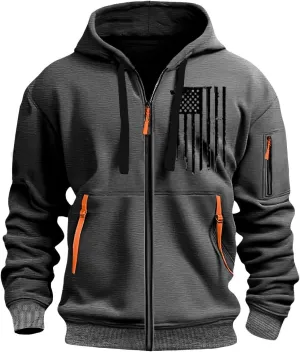 Mens Full Zip American Flag Print Hoodie Casual Long Sleeve Drawstring Shirt Comfy Patriotic Sweatshirts with Pockets