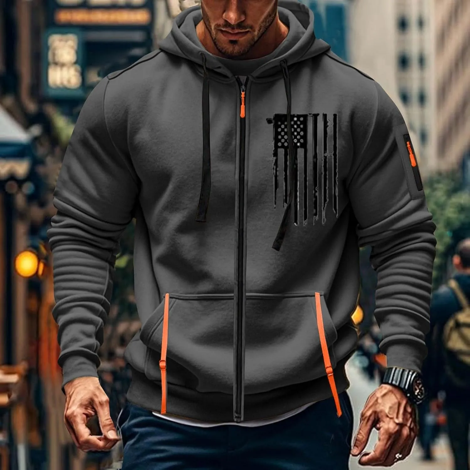 Mens Full Zip American Flag Print Hoodie Casual Long Sleeve Drawstring Shirt Comfy Patriotic Sweatshirts with Pockets