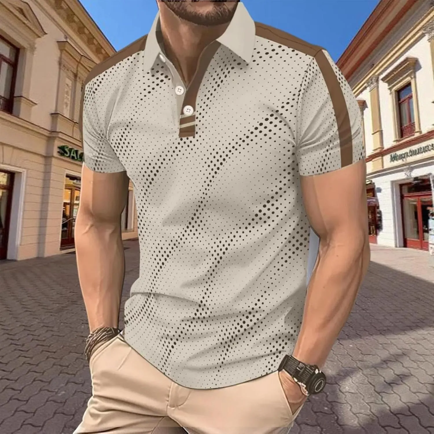 Mens Golf Polo Shirt Short Sleeve Dry Fit Performance Moisture Wicking Print Golf Shirts Collared Striped T-Shirts