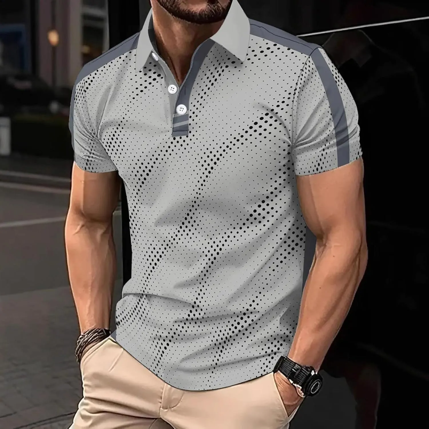 Mens Golf Polo Shirt Short Sleeve Dry Fit Performance Moisture Wicking Print Golf Shirts Collared Striped T-Shirts