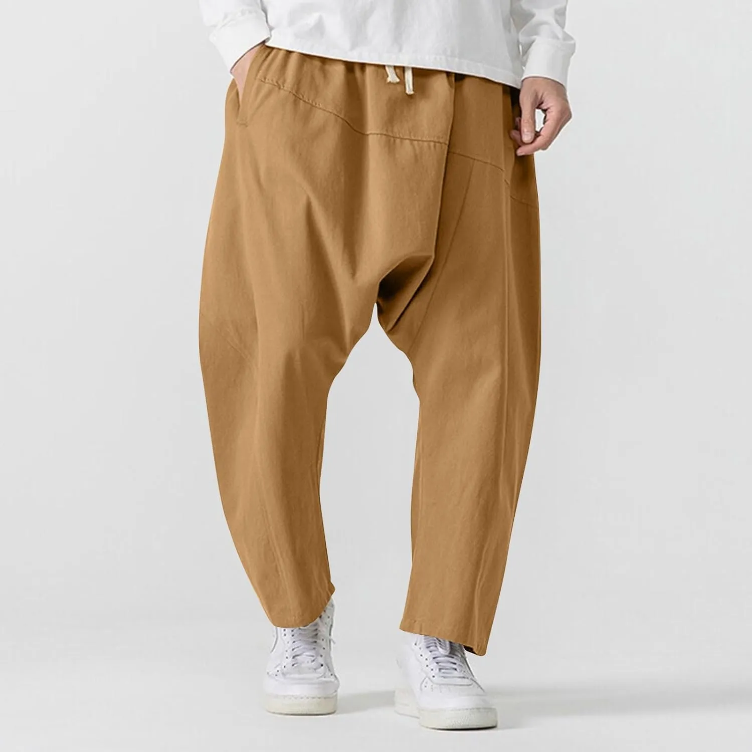 Men's Harem Pants Baggy Casual Hippie Elastic Waist Drop Crotch Capri Trousers Plus Size Loose Comfy Sweatpant