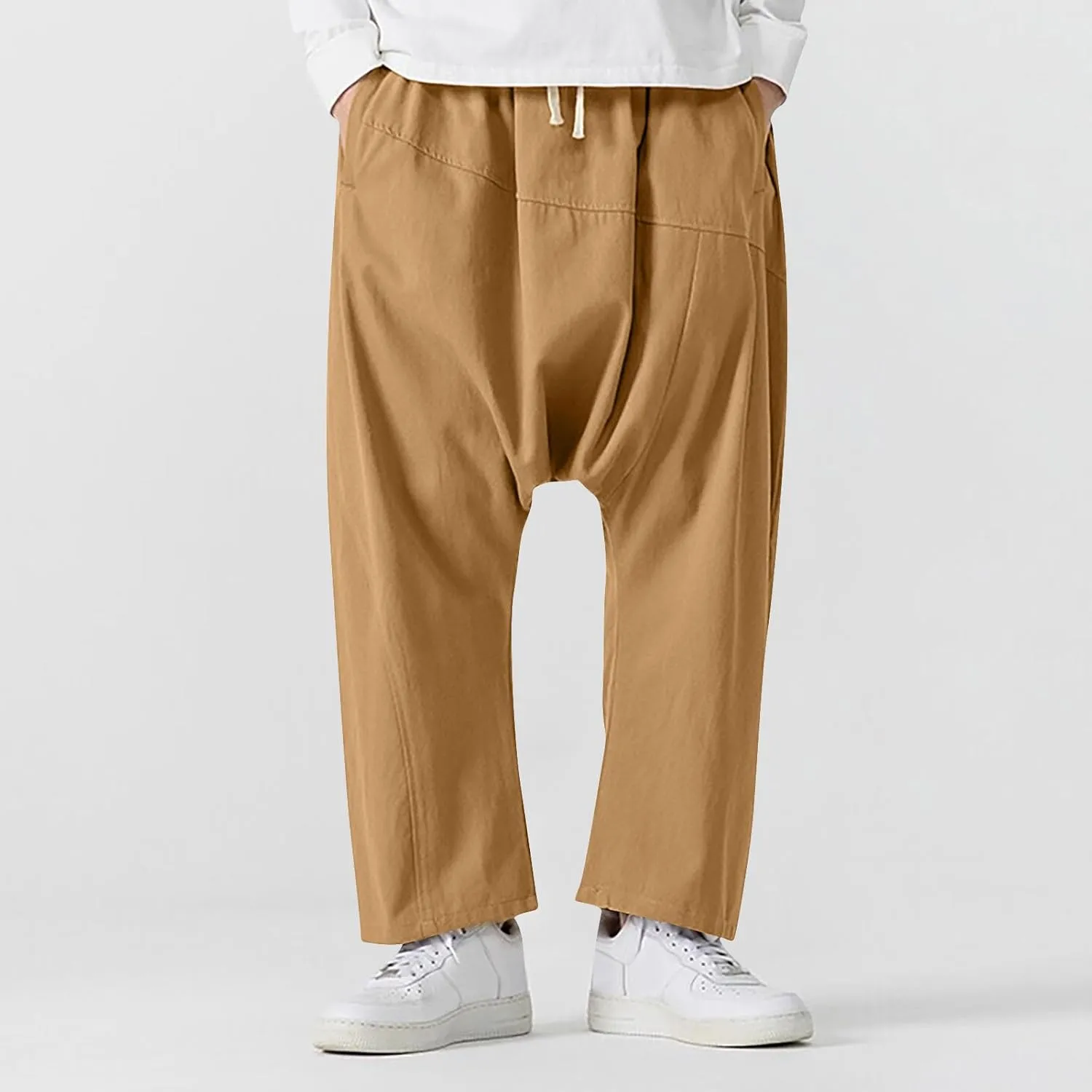 Men's Harem Pants Baggy Casual Hippie Elastic Waist Drop Crotch Capri Trousers Plus Size Loose Comfy Sweatpant