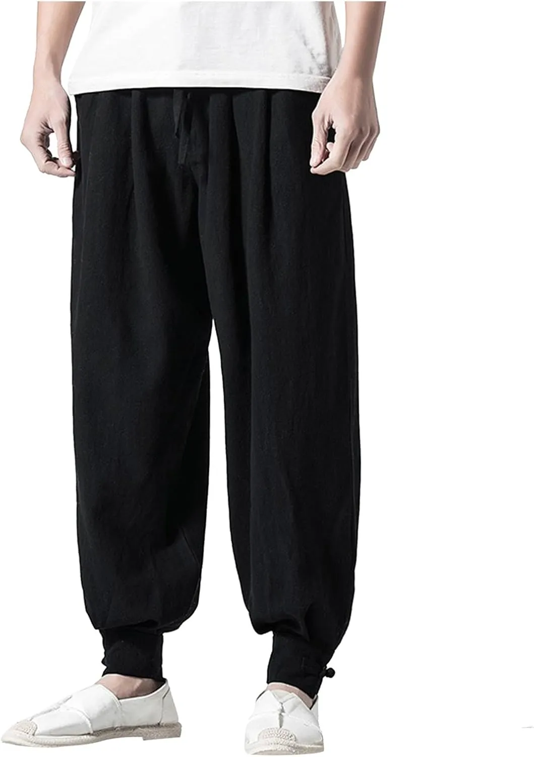 Mens Harem Pants Casual Linen Beach Pants Drawstring Baggy Joggers Hippie Drop Crotch Trousers with Pockets