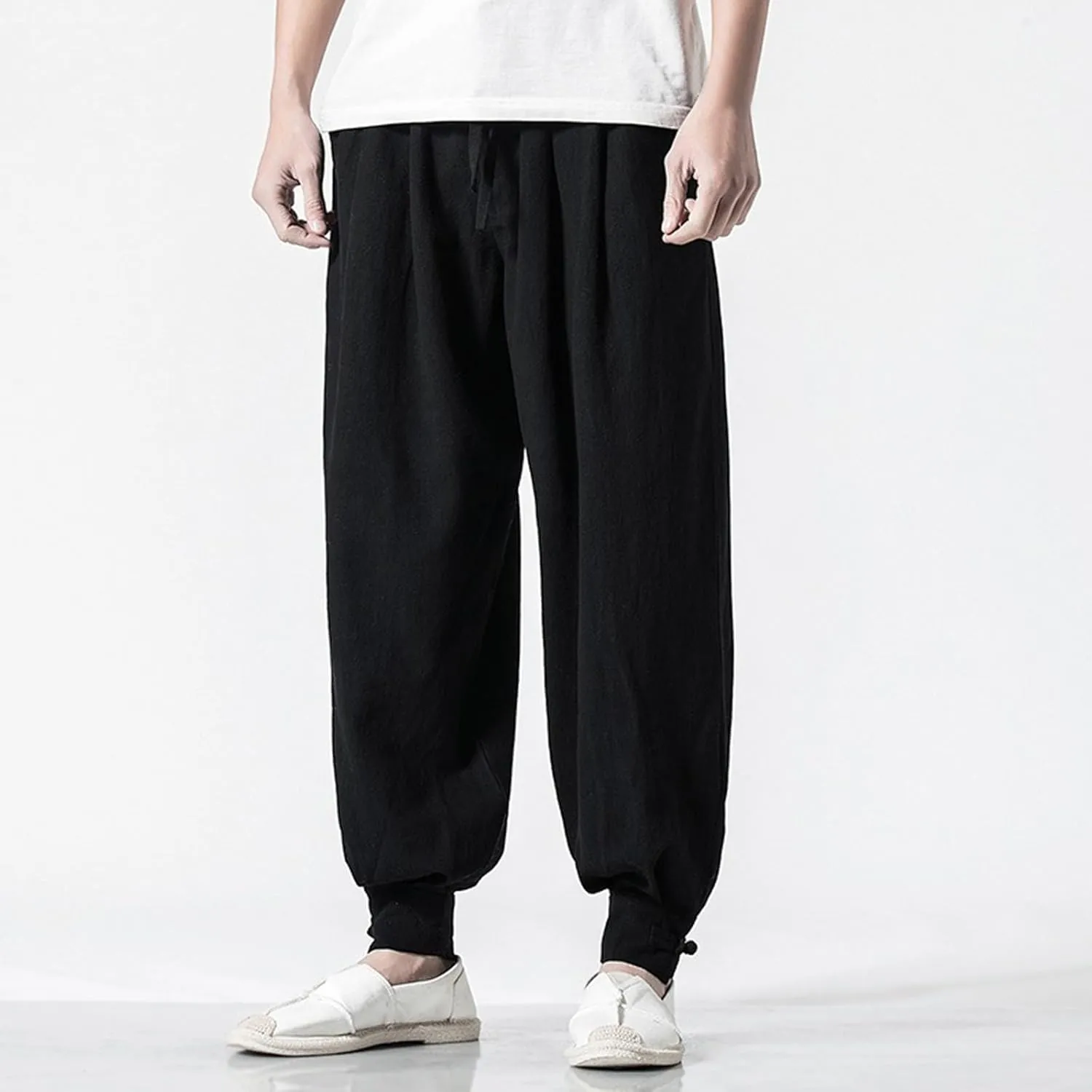 Mens Harem Pants Casual Linen Beach Pants Drawstring Baggy Joggers Hippie Drop Crotch Trousers with Pockets