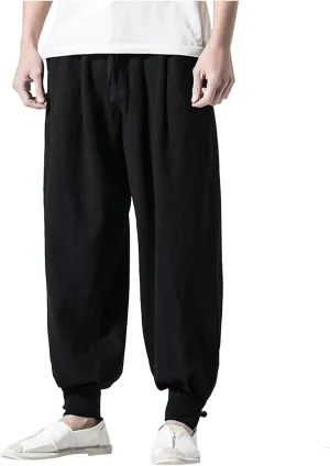 Mens Harem Pants Casual Linen Beach Pants Drawstring Baggy Joggers Hippie Drop Crotch Trousers with Pockets