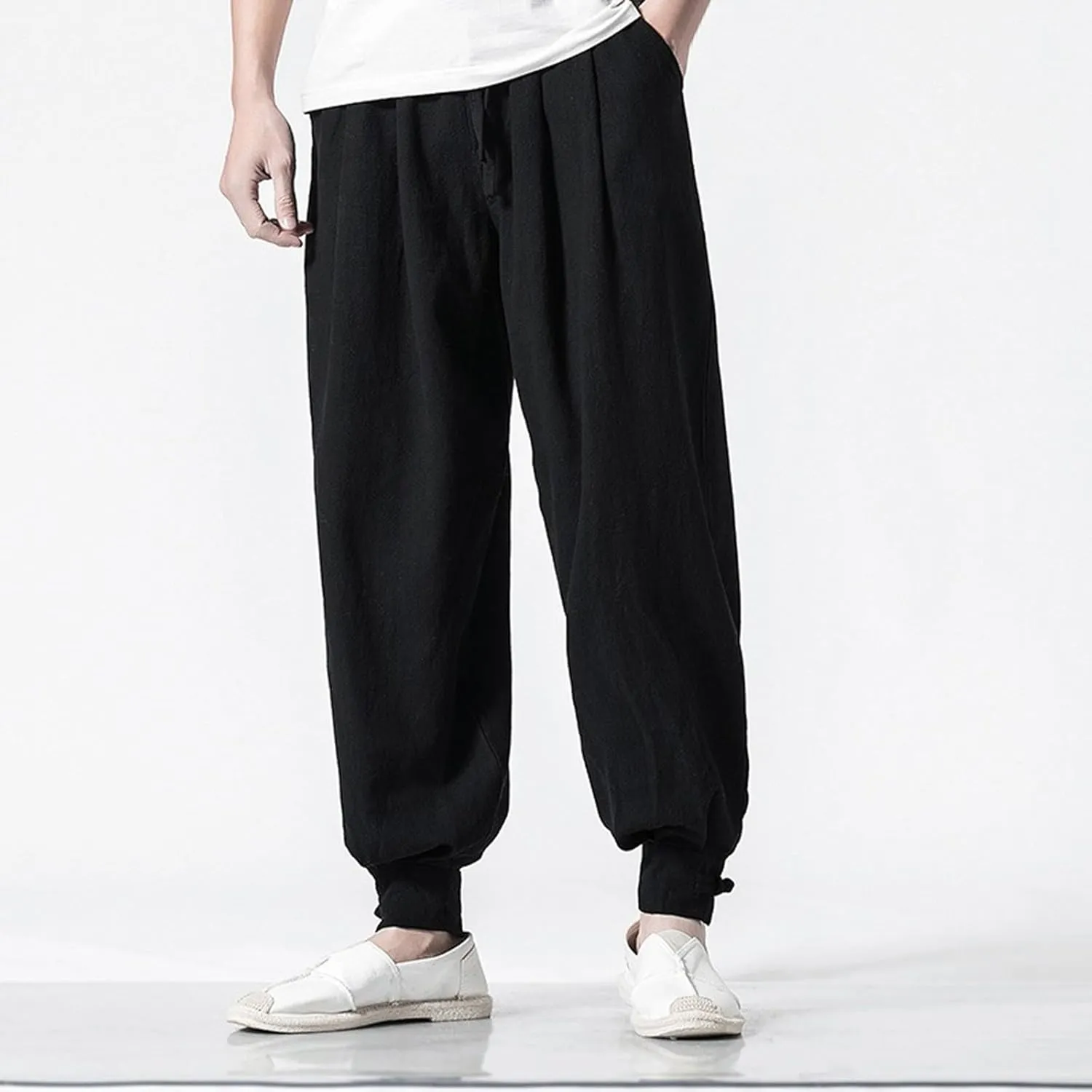 Mens Harem Pants Casual Linen Beach Pants Drawstring Baggy Joggers Hippie Drop Crotch Trousers with Pockets