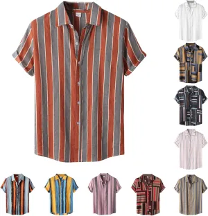 Mens Hawaiian Shirts Short Sleeve Striped Button Down Shirt Cotton Linen Tops Beach Shirt for Vacation Spring Summer