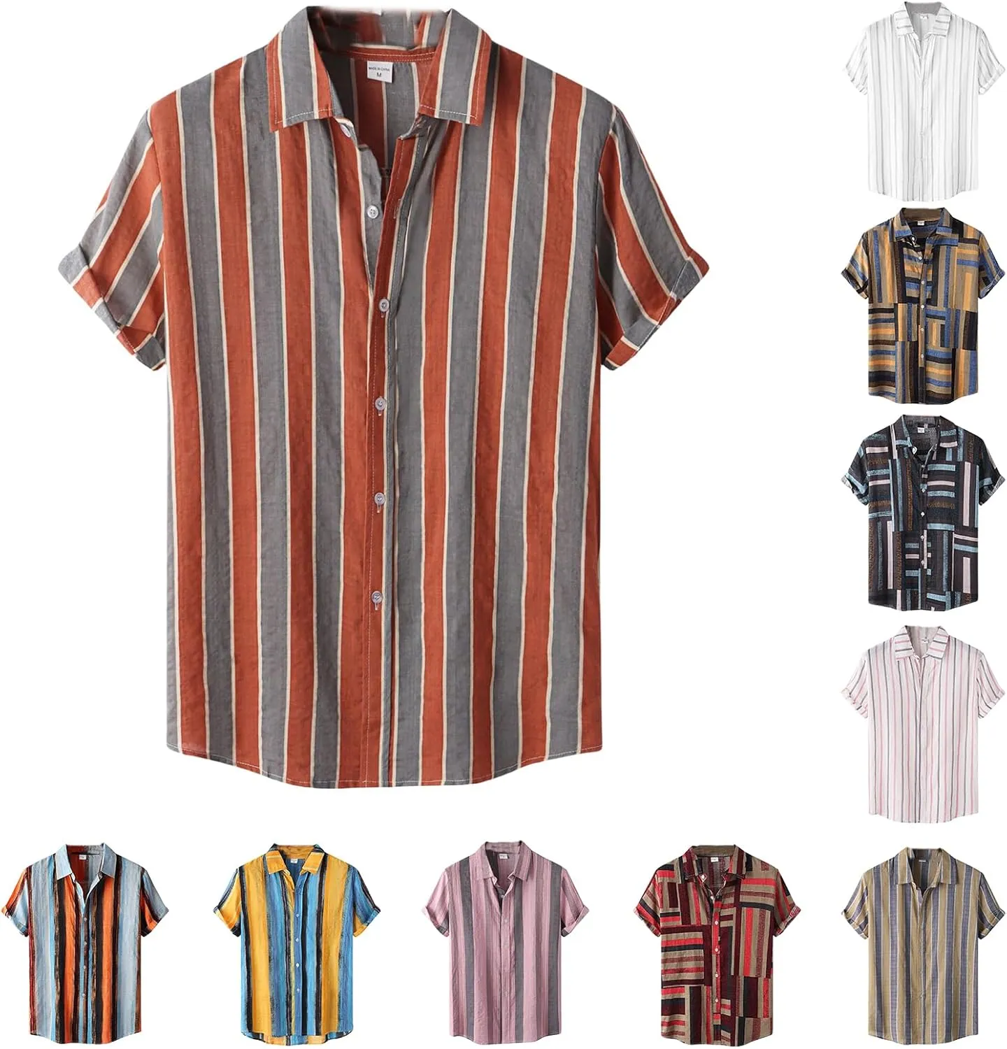 Mens Hawaiian Shirts Short Sleeve Striped Button Down Shirt Cotton Linen Tops Beach Shirt for Vacation Spring Summer