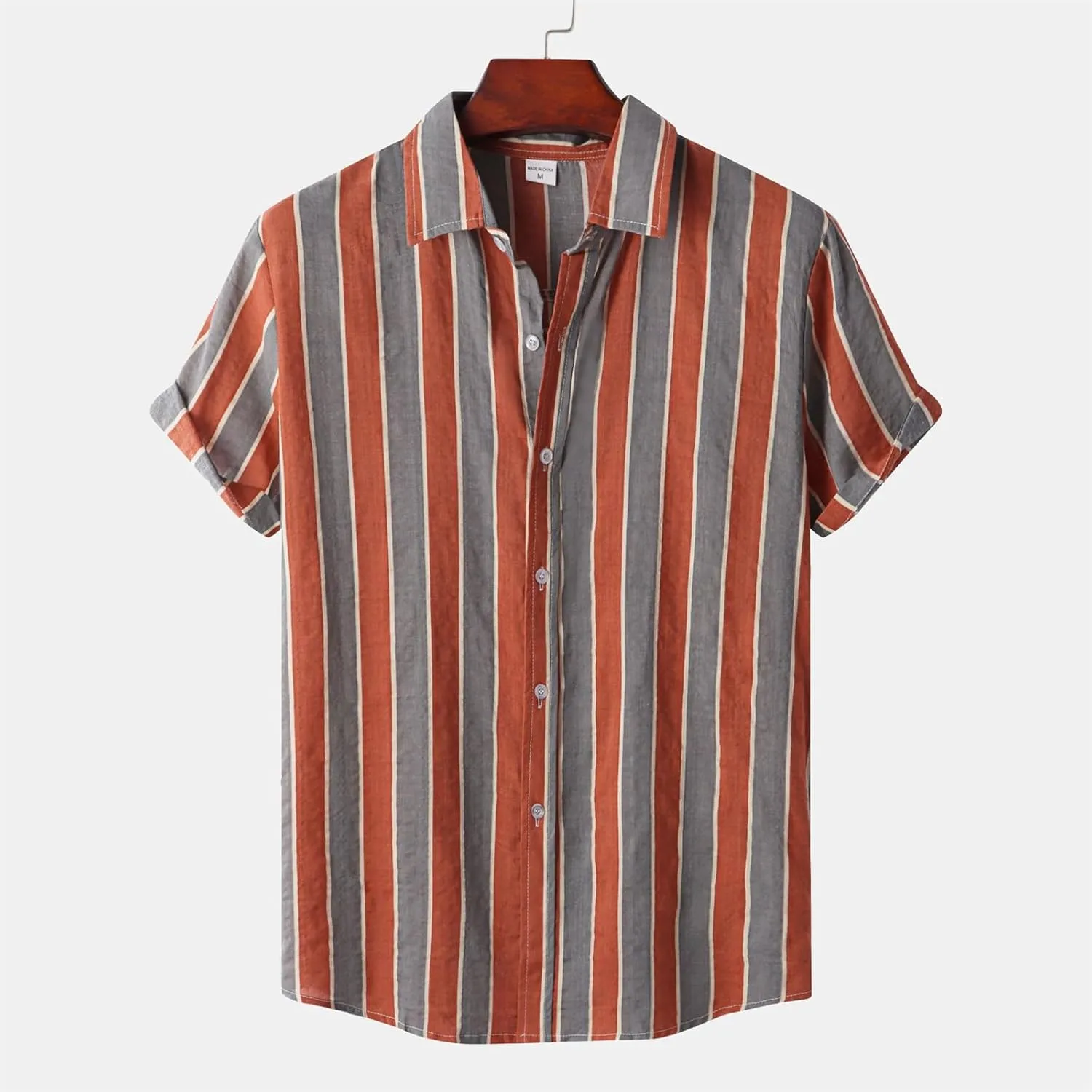 Mens Hawaiian Shirts Short Sleeve Striped Button Down Shirt Cotton Linen Tops Beach Shirt for Vacation Spring Summer