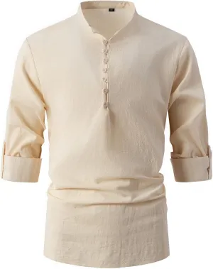 Mens Henley Neck Long Sleeve Linen Shirts Cotton Linen Henley T-Shirts Long Sleeve Hippie Casual Beach Shirts