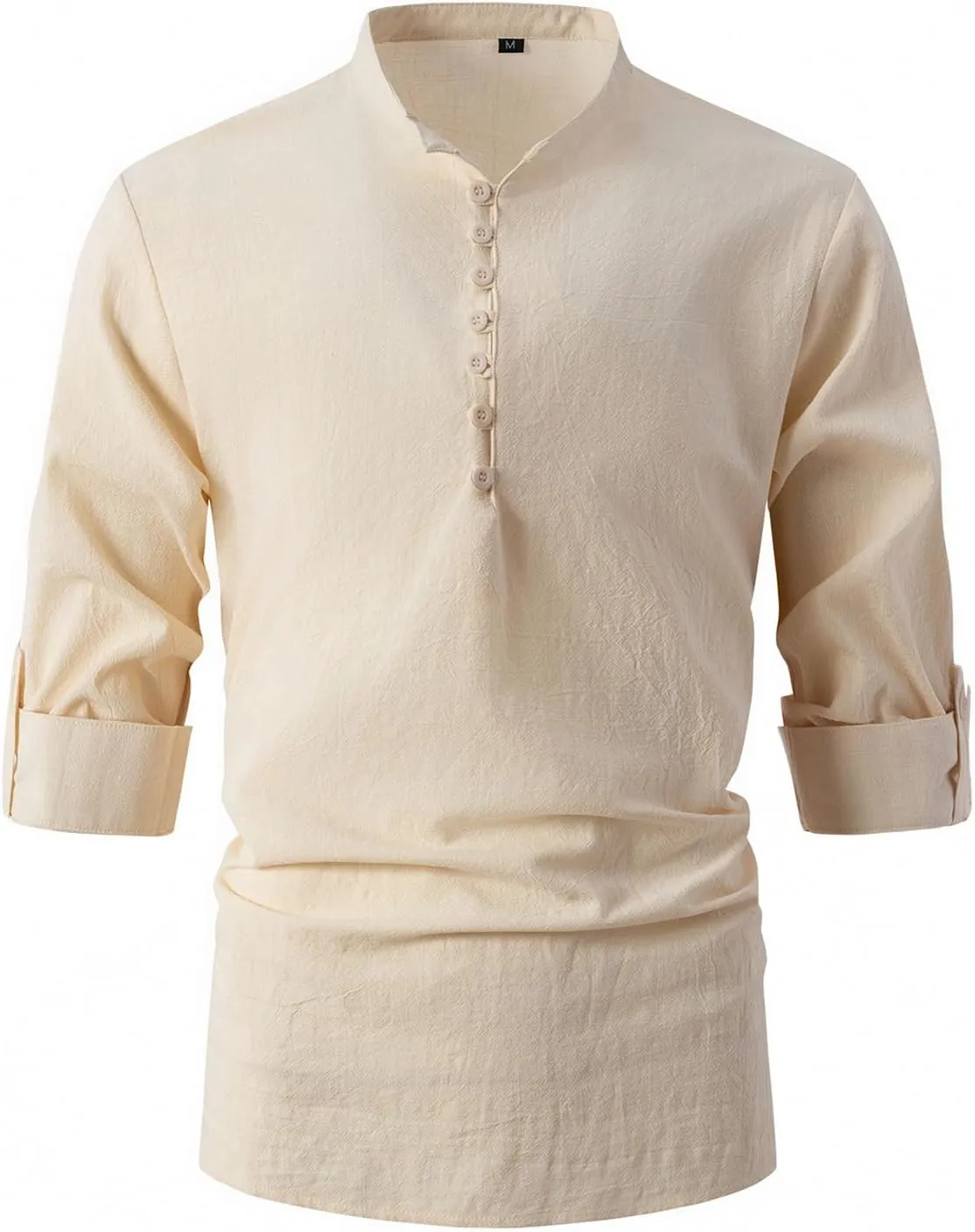 Mens Henley Neck Long Sleeve Linen Shirts Cotton Linen Henley T-Shirts Long Sleeve Hippie Casual Beach Shirts
