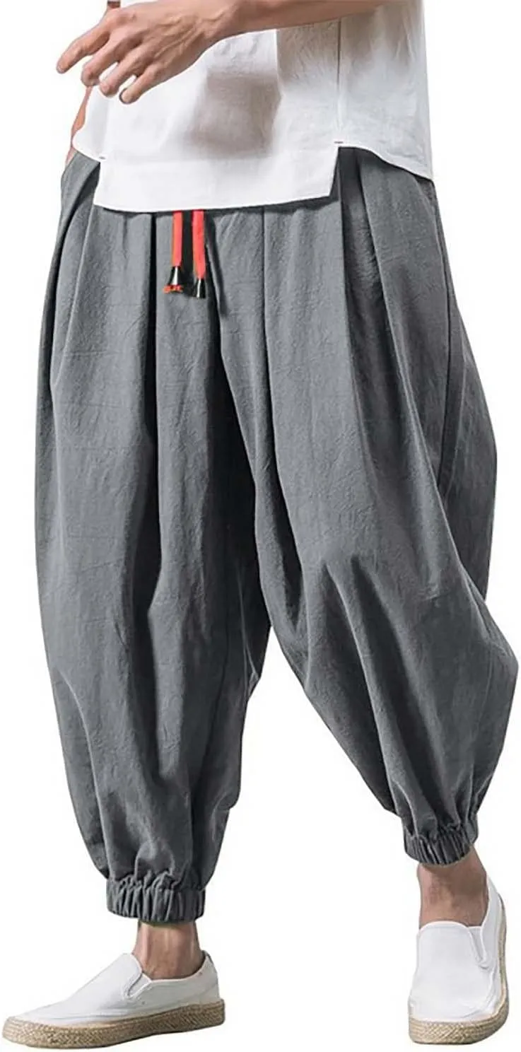 Mens Hip Hop Linen Aladdin Harem Pants Drawstring Casual Loose Hippie Yoga Beach Pant Baggy Boho Drop Crotch Trousers