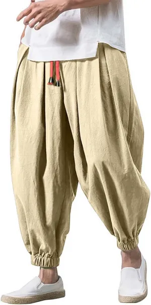 Mens Hip Hop Linen Aladdin Harem Pants Drawstring Casual Loose Hippie Yoga Beach Pant Baggy Boho Drop Crotch Trousers