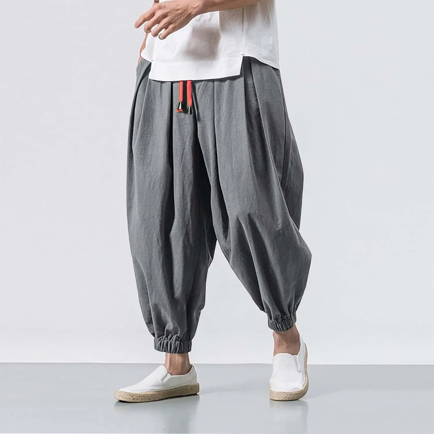 Mens Hip Hop Linen Aladdin Harem Pants Drawstring Casual Loose Hippie Yoga Beach Pant Baggy Boho Drop Crotch Trousers