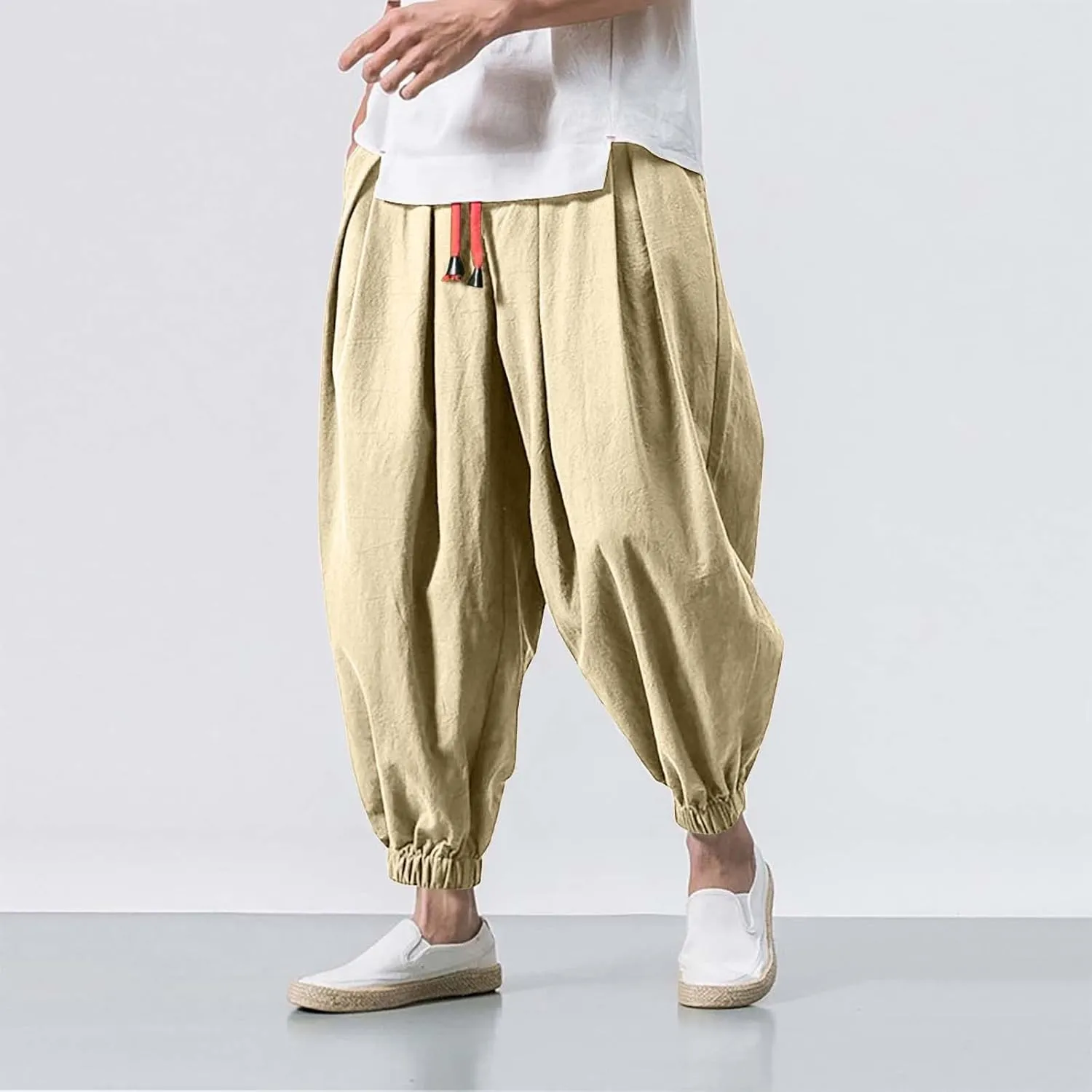 Mens Hip Hop Linen Aladdin Harem Pants Drawstring Casual Loose Hippie Yoga Beach Pant Baggy Boho Drop Crotch Trousers
