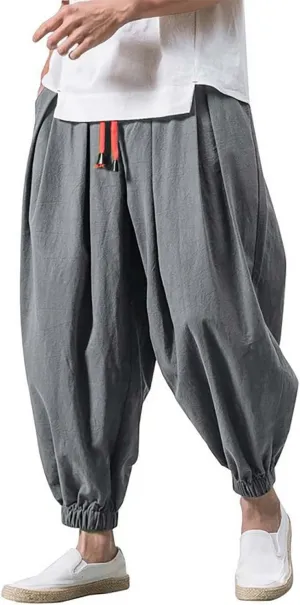 Mens Hip Hop Linen Aladdin Harem Pants Drawstring Casual Loose Hippie Yoga Beach Pant Baggy Boho Drop Crotch Trousers