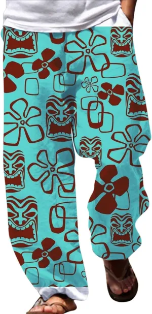 Mens Hippie Yoga Harem Pants Baggy Funky Floral Boho Aladdin Taiji Pants Big and Tall Casual Drop Crotch Trousers