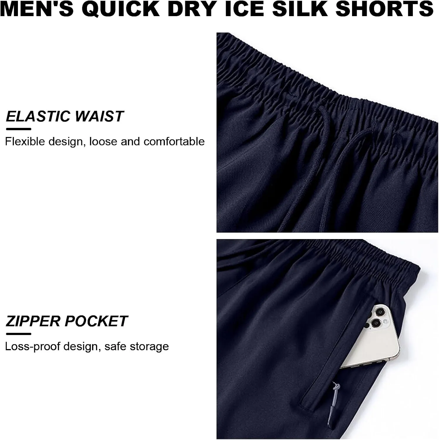 Men's Ice Silk Elastic Shorts Men's Quick Drying Shorts Zipper Pocket Workout Running Shorts Summer Loose Casual Shorts