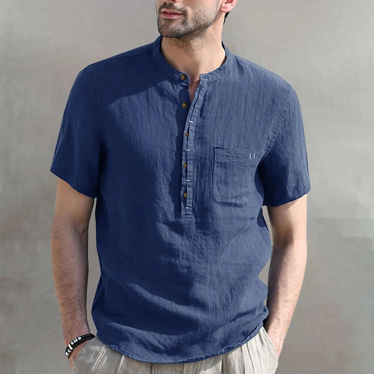 Men's Linen Henley Shirts Short Sleeve Round Neck Hippie Beach T Shirt Casual Summer Solid Color Banded Collar T-Shirt