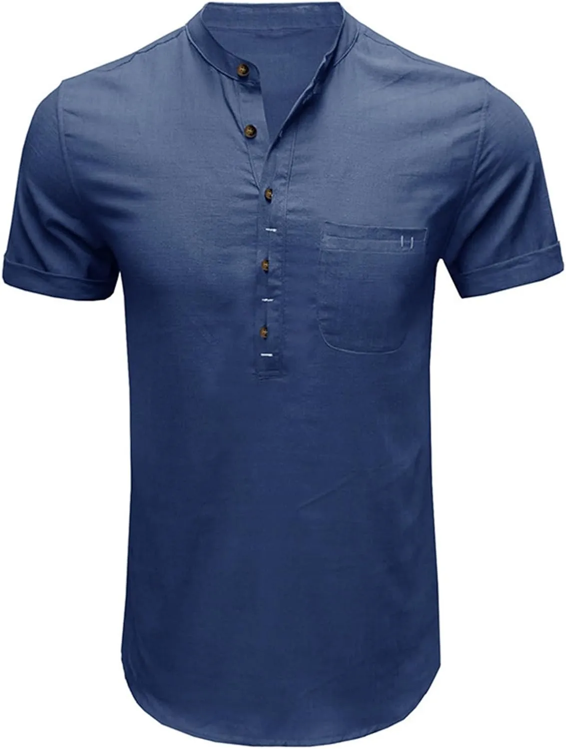 Men's Linen Henley Shirts Short Sleeve Round Neck Hippie Beach T Shirt Casual Summer Solid Color Banded Collar T-Shirt