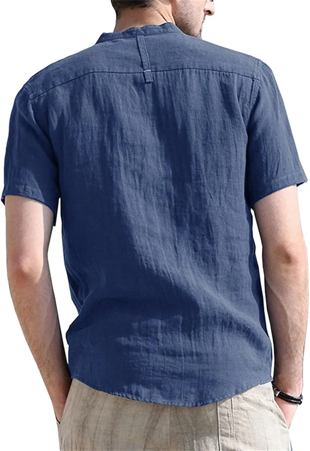 Men's Linen Henley Shirts Short Sleeve Round Neck Hippie Beach T Shirt Casual Summer Solid Color Banded Collar T-Shirt