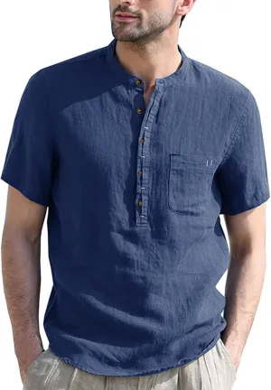 Men's Linen Henley Shirts Short Sleeve Round Neck Hippie Beach T Shirt Casual Summer Solid Color Banded Collar T-Shirt