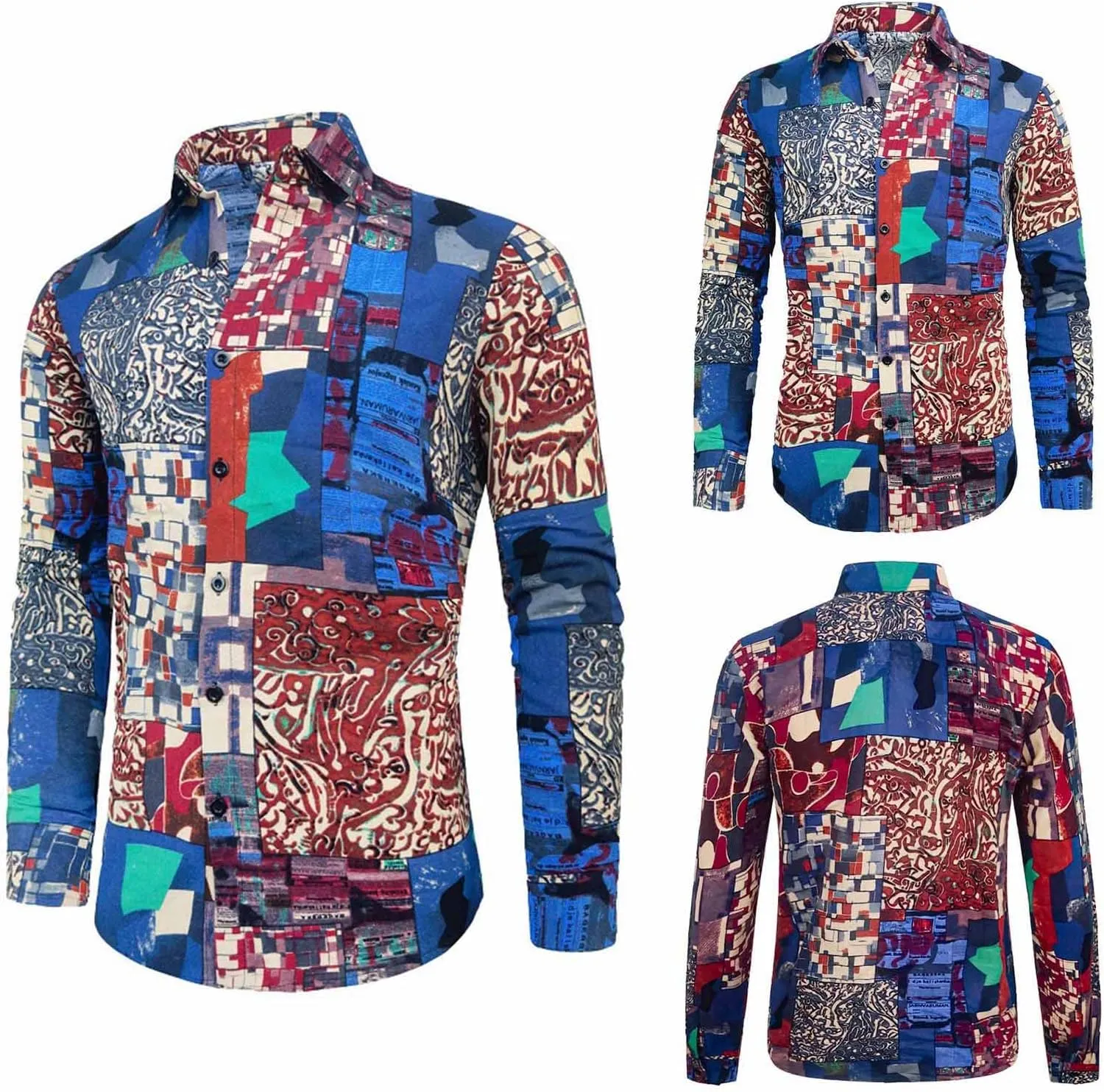 Men's Linen Shirt Long Sleeve Printed Ethnic Style Fashion Cotton Blouses 2025 Aztec Casual Loose Button Down Tops