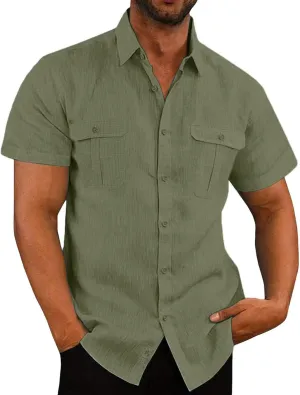 Mens Linen Shirts Short Sleeve Button Down Casual Fishing Shirt Business Dress Clothing Cuban Camp Shirts Summer Tops