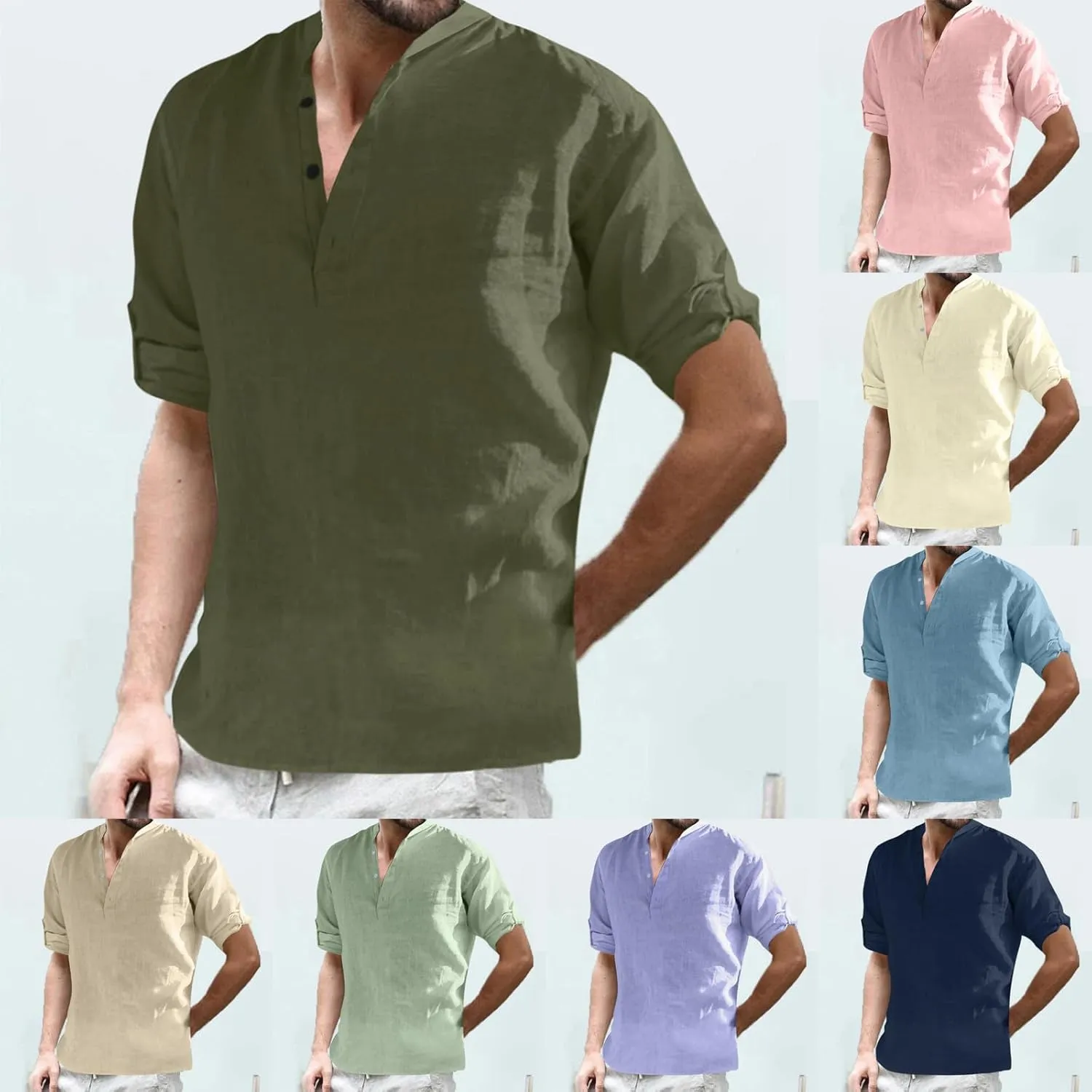 Mens Long Sleeve Cotton and Linen Shirt Spring and Summer Combat Vacation Tops Button V Neck Lightweight Fashion Casual Shirt