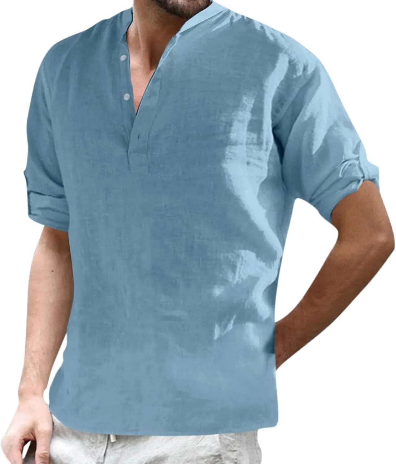 Mens Long Sleeve Cotton and Linen Shirt Spring and Summer Combat Vacation Tops Button V Neck Lightweight Fashion Casual Shirt