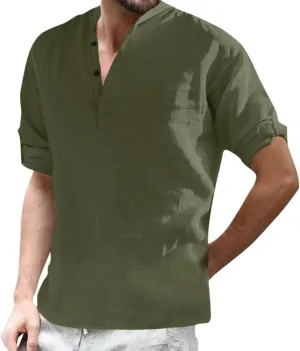 Mens Long Sleeve Cotton and Linen Shirt Spring and Summer Combat Vacation Tops Button V Neck Lightweight Fashion Casual Shirt