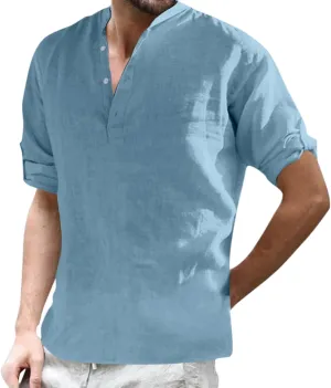 Mens Long Sleeve Cotton and Linen Shirt Spring and Summer Combat Vacation Tops Button V Neck Lightweight Fashion Casual Shirt