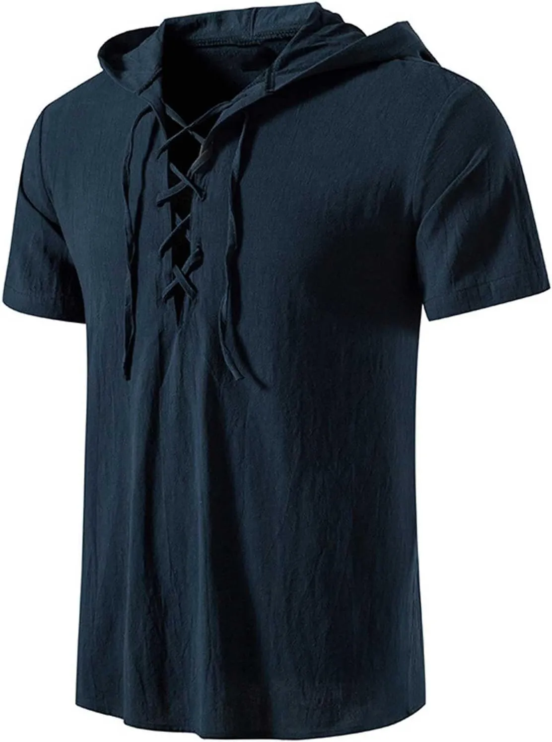 Mens Pirate Short Sleeve Shirts Summer Lace up Vintage Hooded Cotton Linen Renaissance Medieval Tops Beach Shirts