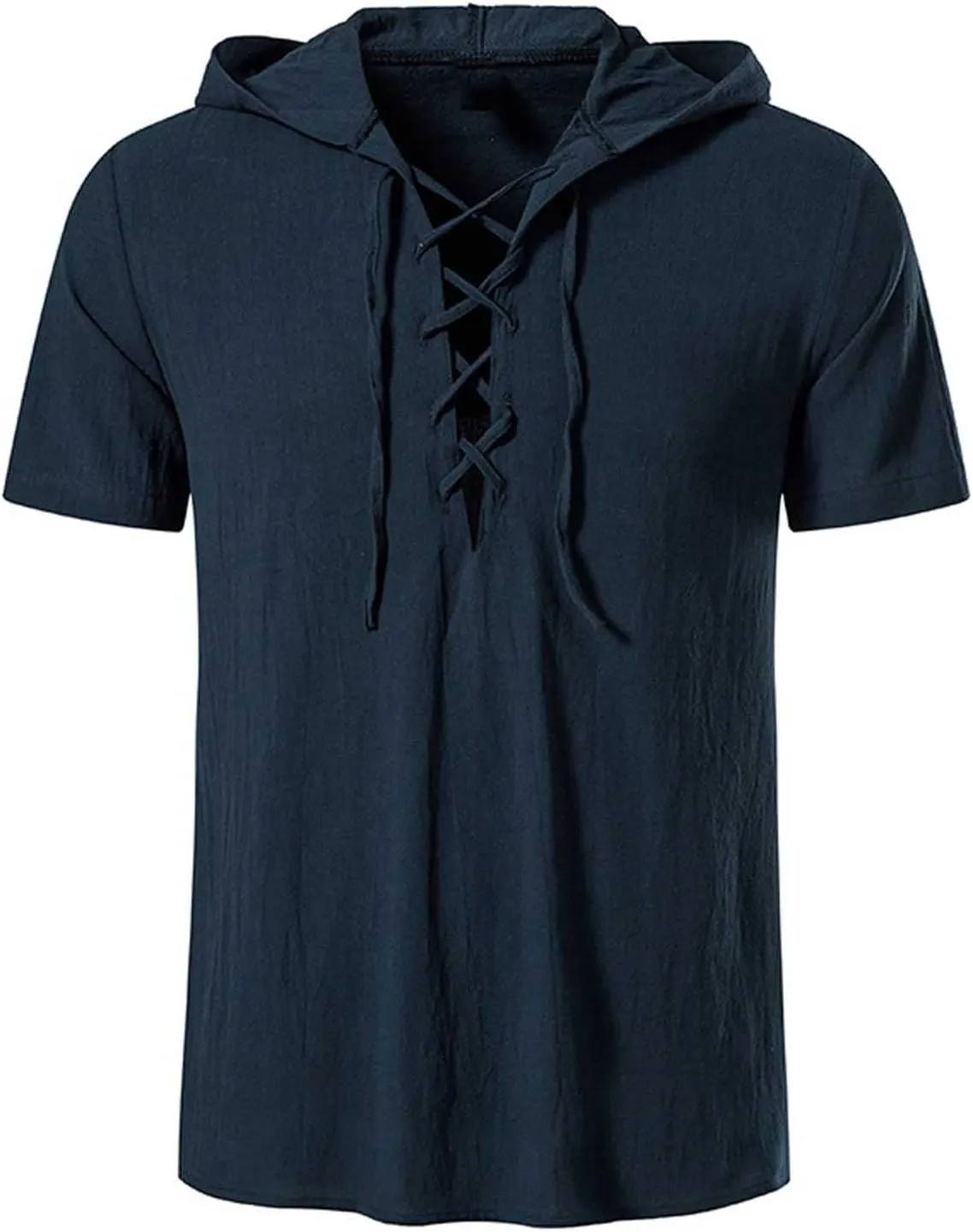 Mens Pirate Short Sleeve Shirts Summer Lace up Vintage Hooded Cotton Linen Renaissance Medieval Tops Beach Shirts