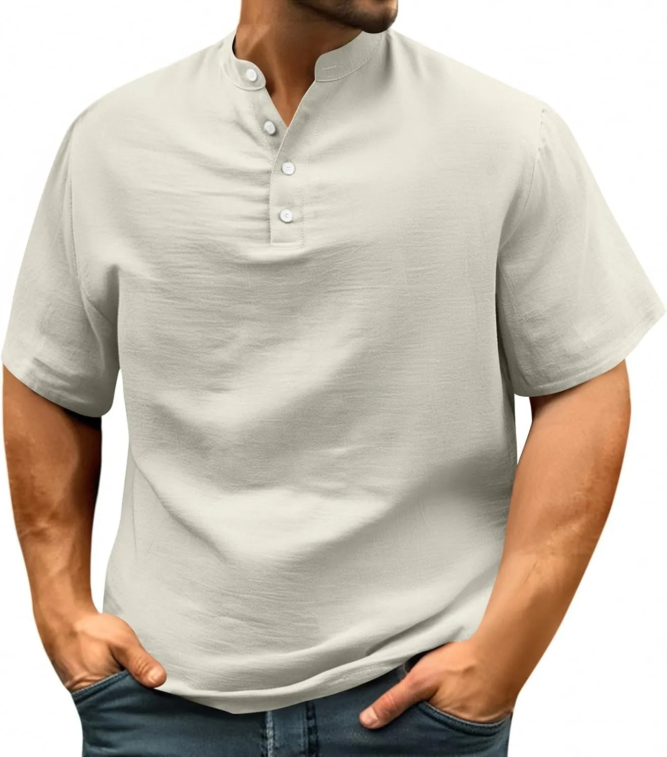 Men's Summer Lightweight Mens Linen Shirt Button Up Top Cotton Beach Tops Round Collar Summer with Pocket