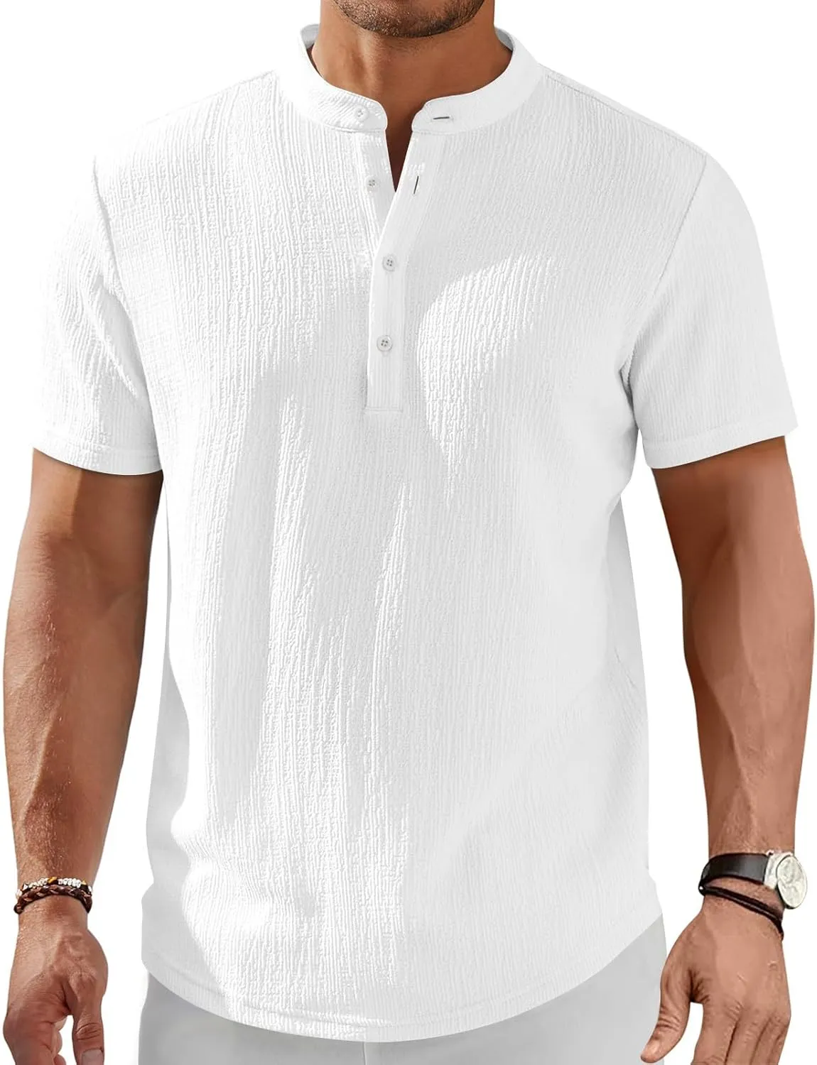 Men's Summer Lightweight Mens Linen Shirt Button Up Top Cotton Beach Tops Round Collar Summer with Pocket