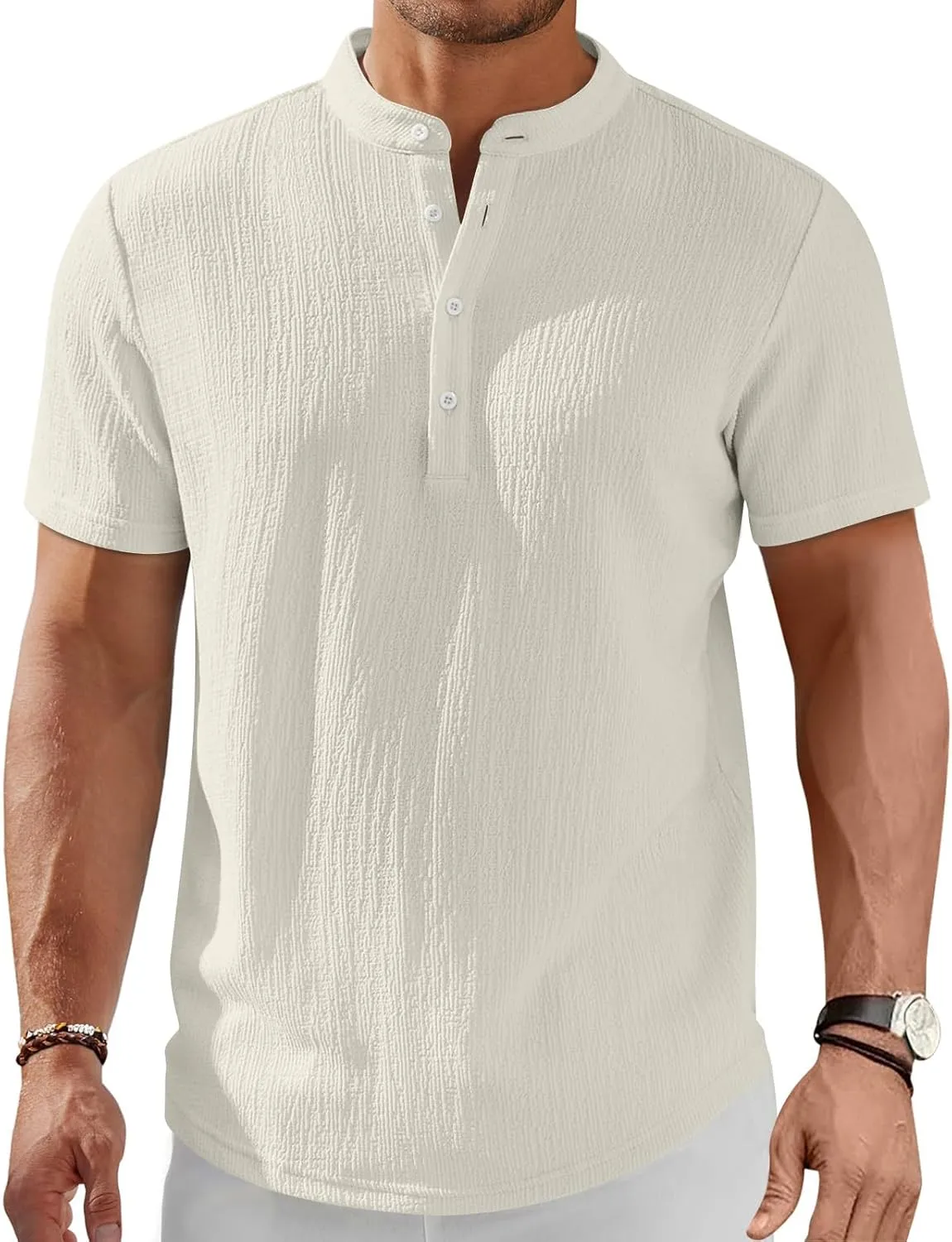 Men's Summer Lightweight Mens Linen Shirt Button Up Top Cotton Beach Tops Round Collar Summer with Pocket