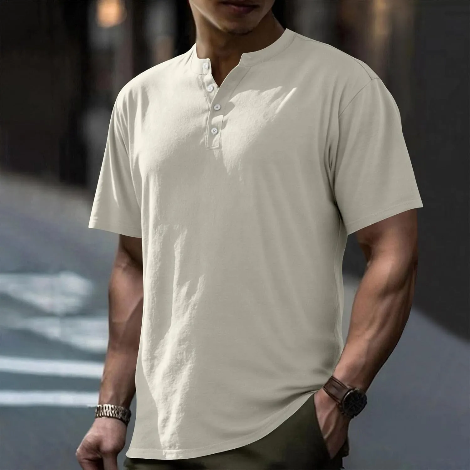 Men's Summer Lightweight Mens Linen Shirt Button Up Top Cotton Beach Tops Round Collar Summer with Pocket