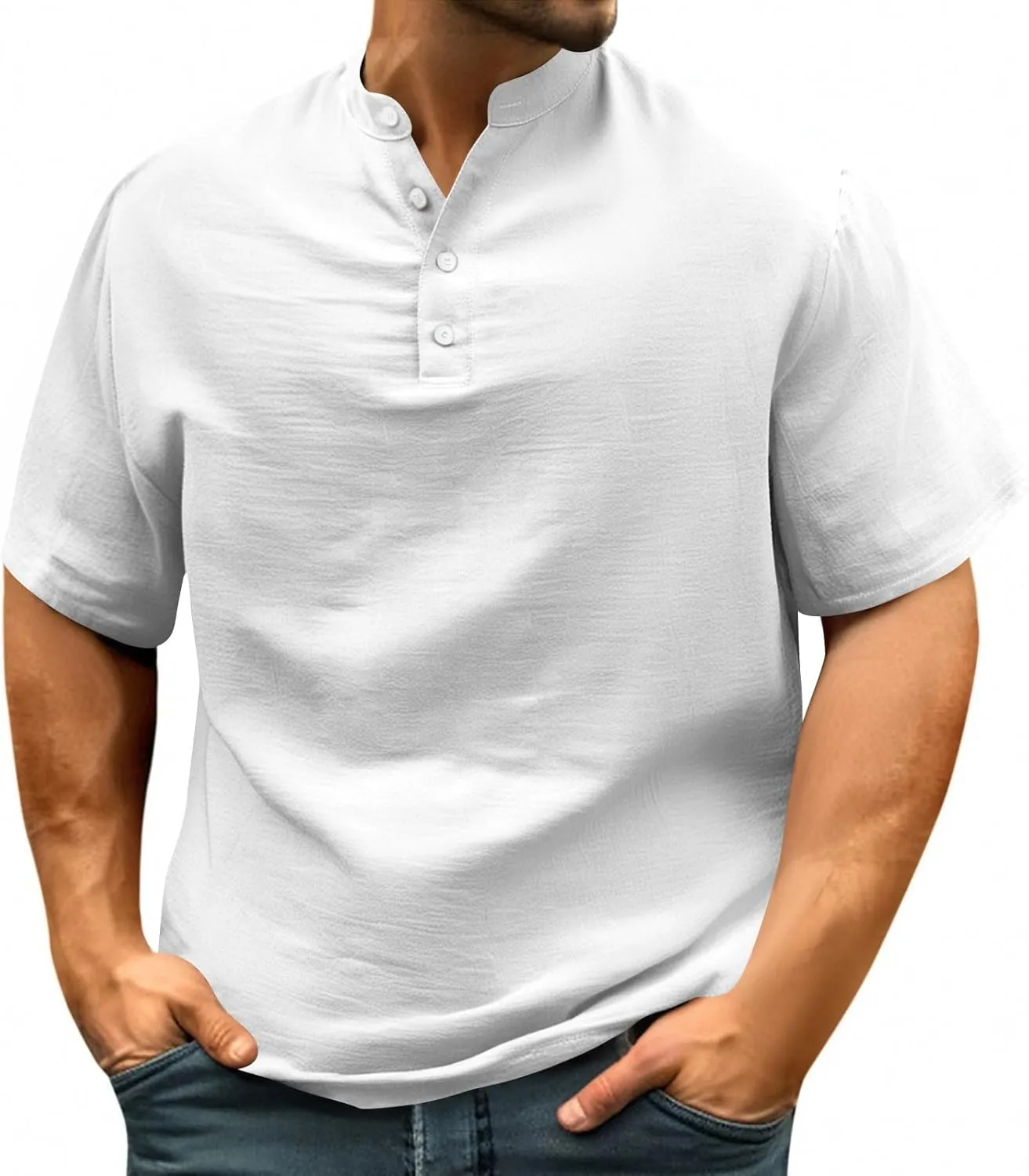 Men's Summer Lightweight Mens Linen Shirt Button Up Top Cotton Beach Tops Round Collar Summer with Pocket