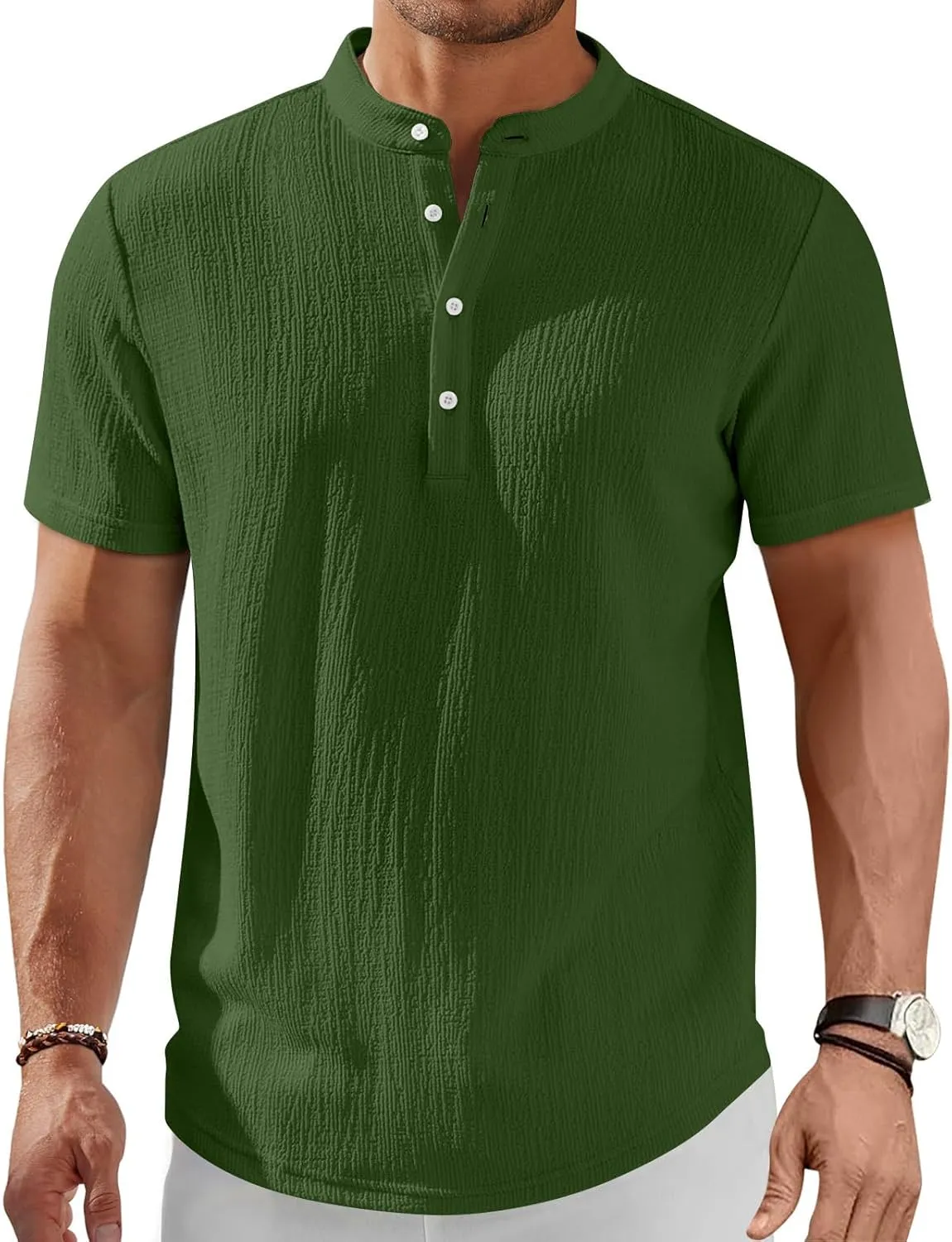 Men's Summer Lightweight Mens Linen Shirt Button Up Top Cotton Beach Tops Round Collar Summer with Pocket