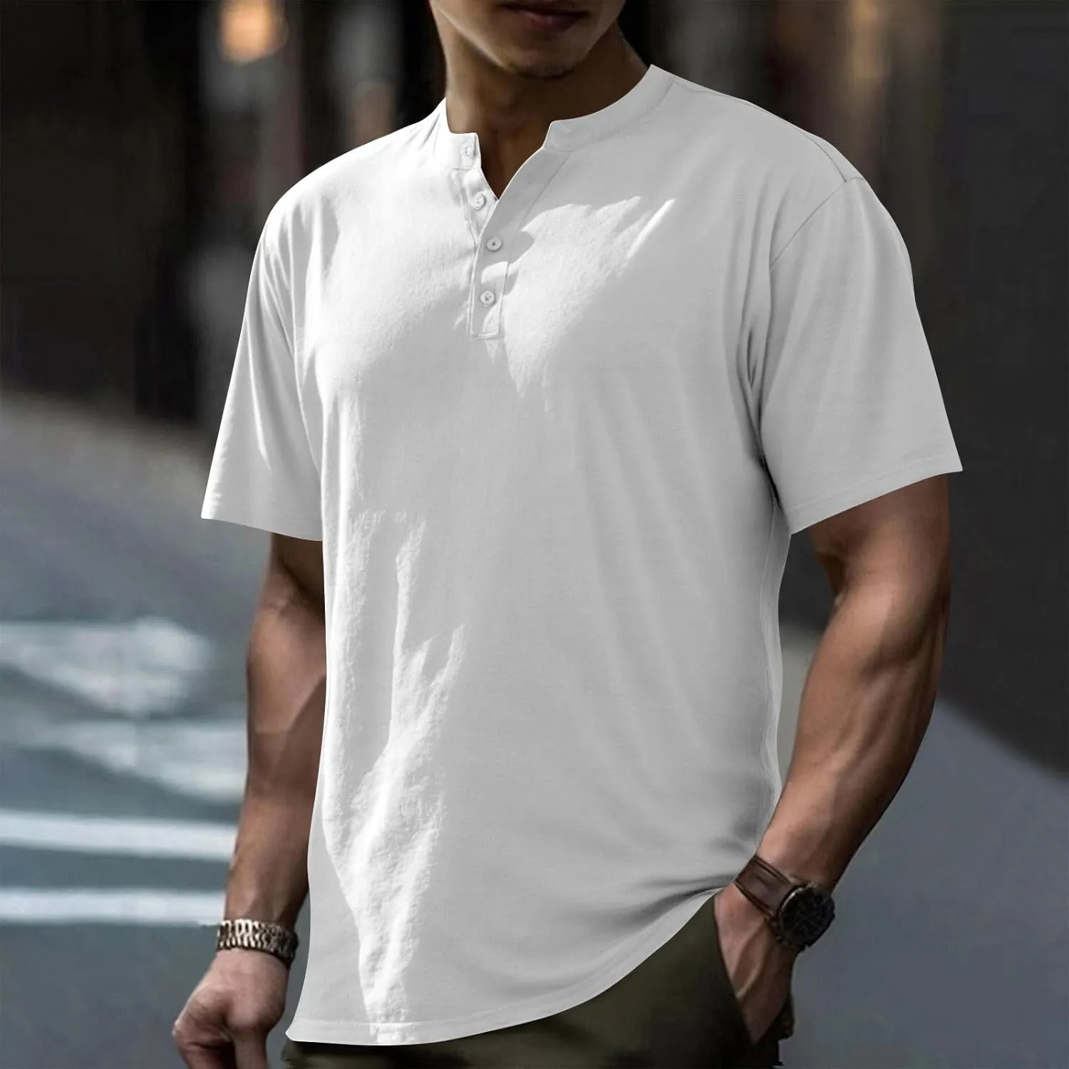 Men's Summer Lightweight Mens Linen Shirt Button Up Top Cotton Beach Tops Round Collar Summer with Pocket