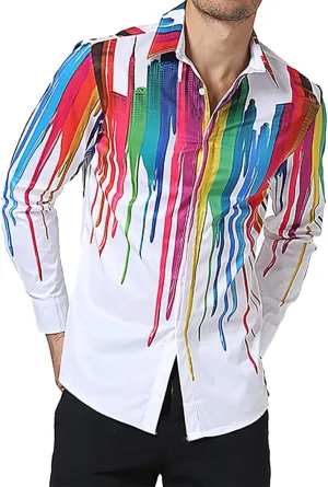 Mens Tie-Dye T-Shirts Colorful Rainbow Dress Shirts Floral Slim Fit Long Sleeve Casual Button Down Poplin Shirts