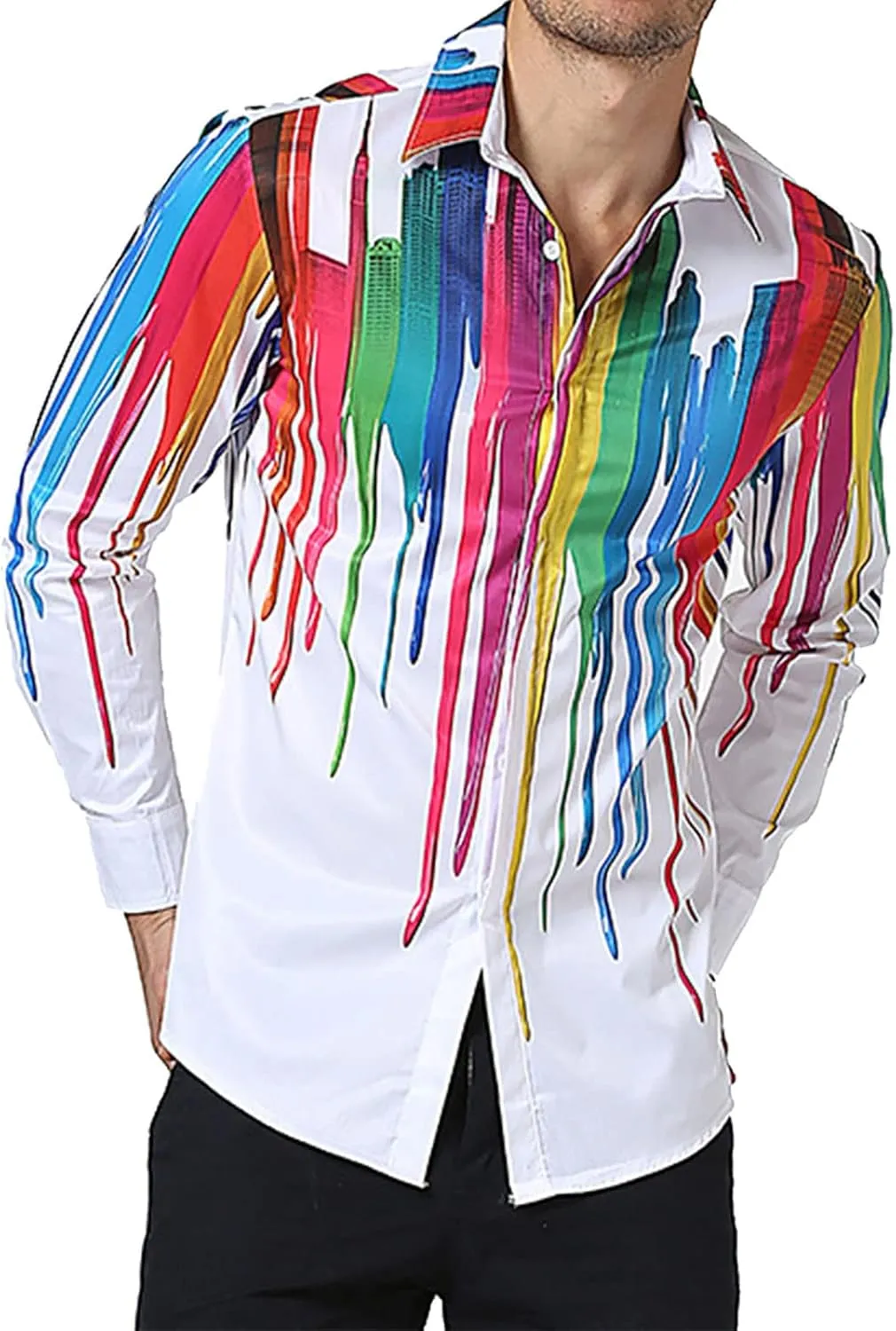 Mens Tie-Dye T-Shirts Colorful Rainbow Dress Shirts Floral Slim Fit Long Sleeve Casual Button Down Poplin Shirts