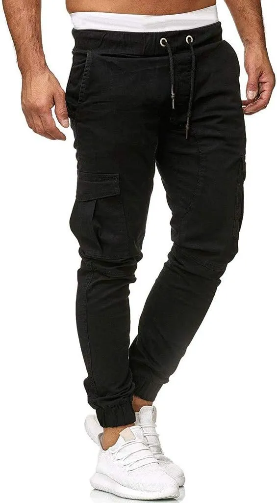 Mens Twill Cotton Joggers Cargo Pants Drawstring Cotton Slim Fit Chino Trousers Casual Fitness Track Jogging Pants