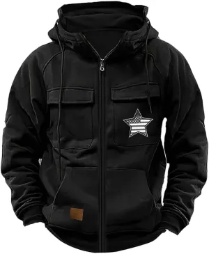 Men's Zip Up Cargo Hoodies USA Flag Printed Long Sleeve Drawstring Hooded Sweatshirts Classic Fit Vintage Jackets