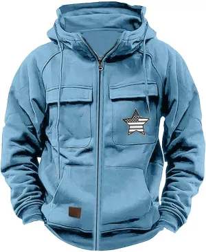 Men's Zip Up Cargo Hoodies USA Flag Printed Long Sleeve Drawstring Hooded Sweatshirts Classic Fit Vintage Jackets
