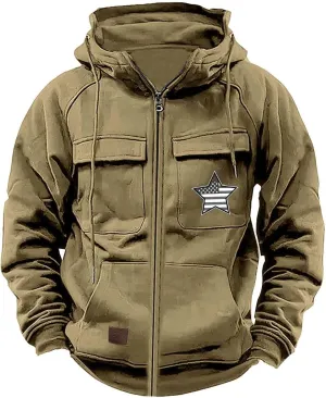 Men's Zip Up Cargo Hoodies USA Flag Printed Long Sleeve Drawstring Hooded Sweatshirts Classic Fit Vintage Jackets