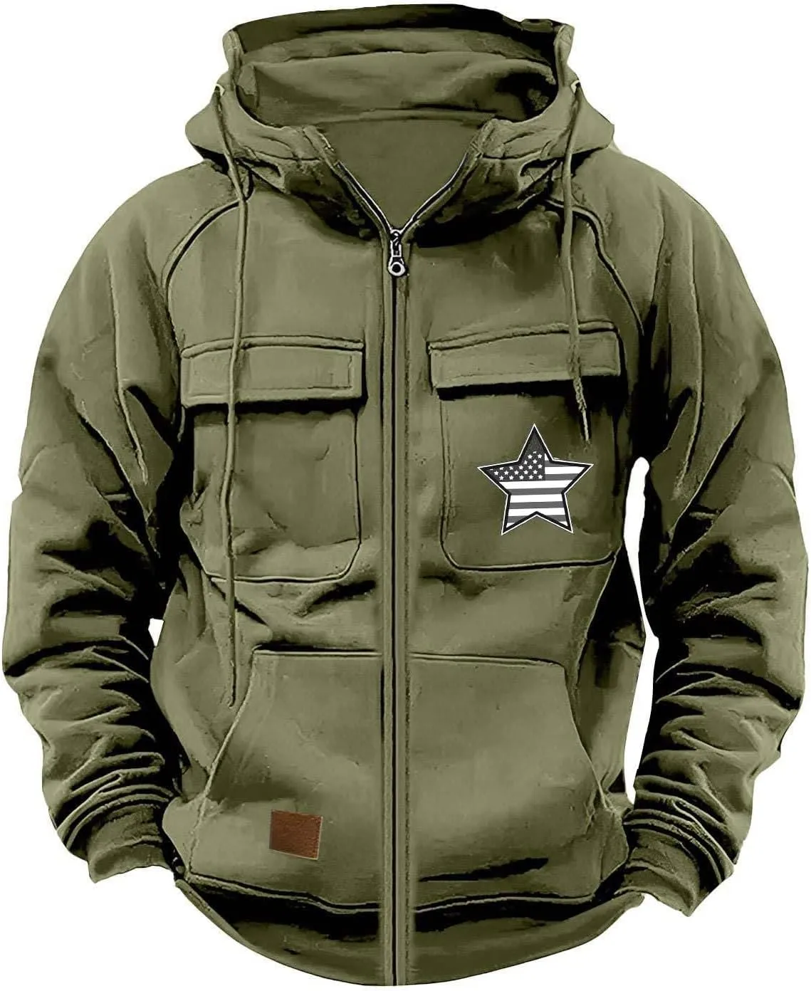 Men's Zip Up Cargo Hoodies USA Flag Printed Long Sleeve Drawstring Hooded Sweatshirts Classic Fit Vintage Jackets